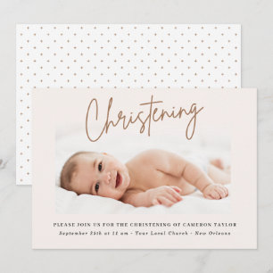 Invitation Crème Dusty Script manuscrit Christening Photo