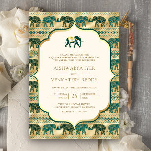 Invitation Crème Éléphant Émeraude Tout en Un Mariage Indien