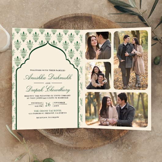Invitation Crème Emerald Green Ikat All in One Mariage indien