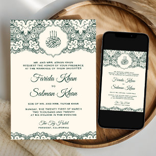 Invitation Crème Emerald Green Lace Mariage musulman islamiqu