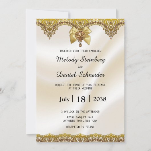 Invitation Crème en dentelle or Perles satinées Bijoux Mariag (Devant)