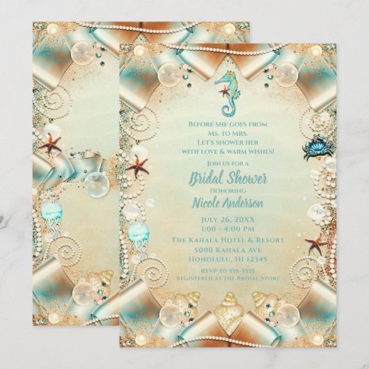 Invitation Crème enchantée sous perles de mer Ribbon Bridal (Devant / Derrière)