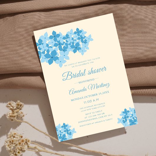 Invitation crème et bleu hydrangée fleurie douche nuptiale