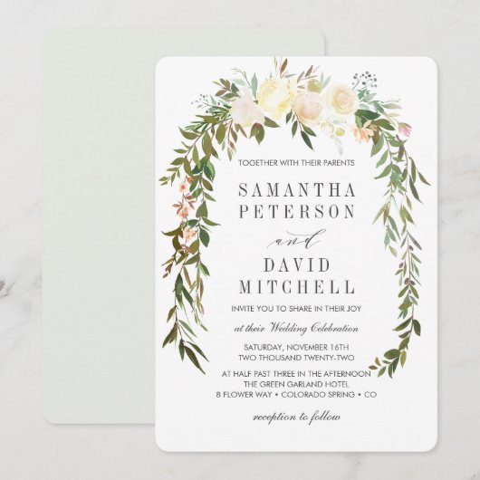 Invitation Crème et gris | Botanique Garland Mariage floral (Devant / Derrière)
