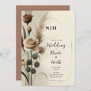 Invitation Crème et Mocha Mariage floral Neutre géométrique
