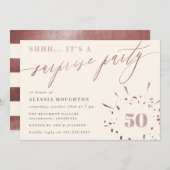 Invitation Crème et Rose Gold Script Surprise Party (Devant / Derrière)
