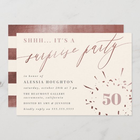Invitation Crème et Rose Gold Script Surprise Party (Devant / Derrière)