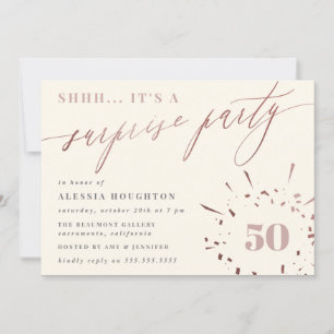 Invitation Crème et Rose Gold Script Surprise Party