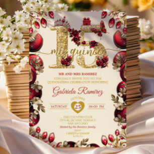 Invitation Crème et Rouge Couronne Dorée Mis Quince 15 Quince