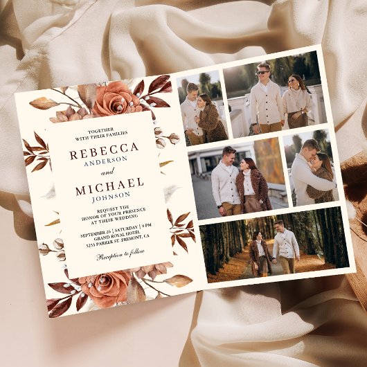 Invitation Crème et Terracotta Fleurs Code QR Mariage