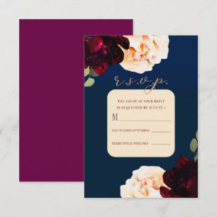 Invitation Crème Fleurie Marsala foncée & Marine Réponse R.S.