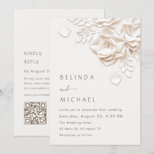Invitation Crème Fleurs 3D Roses Simple Mariage