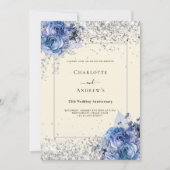 Invitation Crème florale bleu argent 25e anniversaire mariage (Devant)