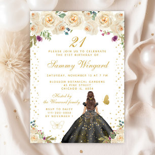 Invitation Crème Florale Brunette Cheveux Princesse Anniversa