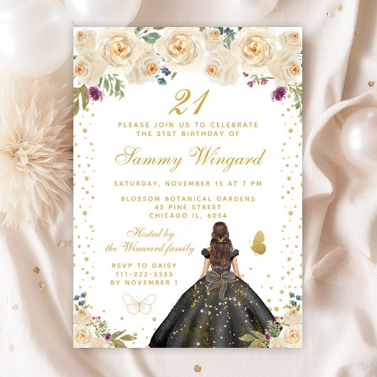 Invitation Crème Florale Brunette Cheveux Princesse Anniversa
