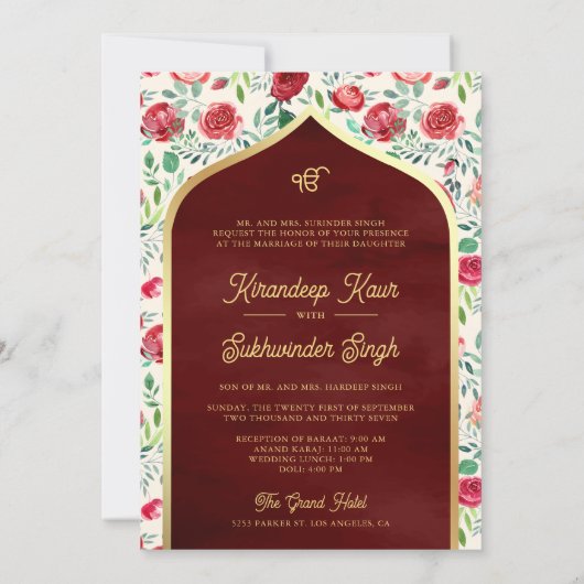 Invitation Crème Florale Rouge Or Anand Karaj Sikh Mariage (Dos)
