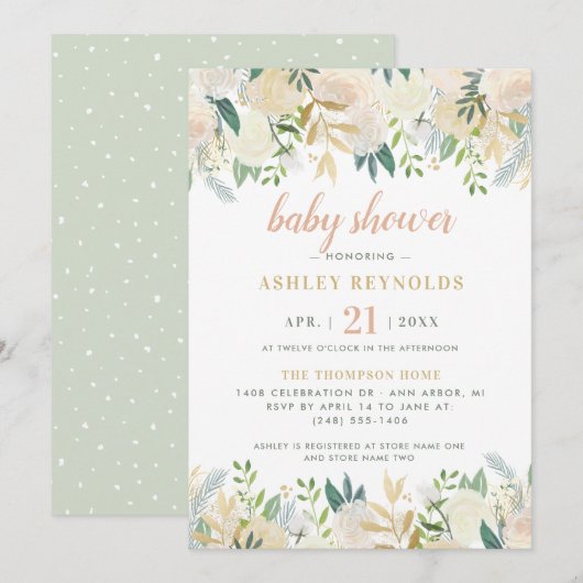 Invitation Crème floue Or Floral Verdure Baby shower fille (Devant / Derrière)