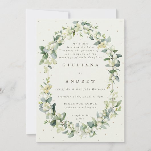 Invitation Crème formelle Snowberry+Eucalyptus Mariage d'hive (Devant)