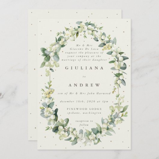 Invitation Crème formelle Snowberry+Eucalyptus Mariage d'hive (Devant / Derrière)