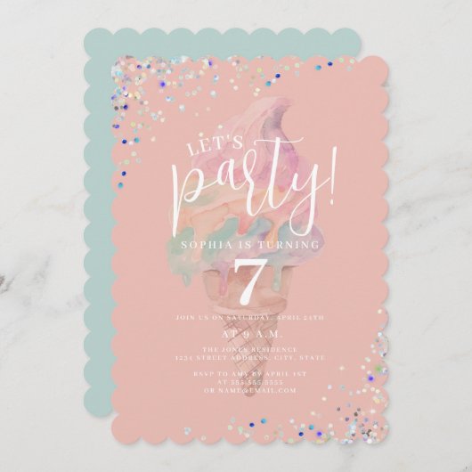 Invitation Crème glacée Arc en ciel Faisons la fête Anniversa (Devant / Derrière)