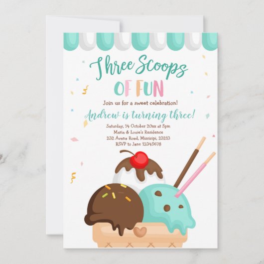 Invitation Crème glacée bleu et menthe Trois Scoops de Fun (Devant)