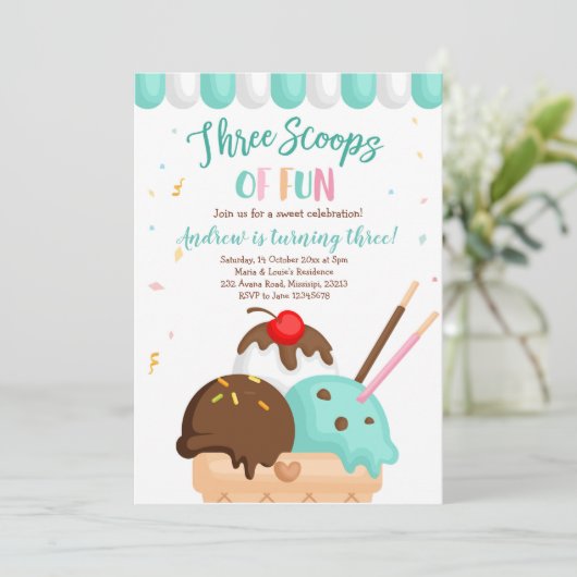 Invitation Crème glacée bleu et menthe Trois Scoops de Fun (Debout devant)