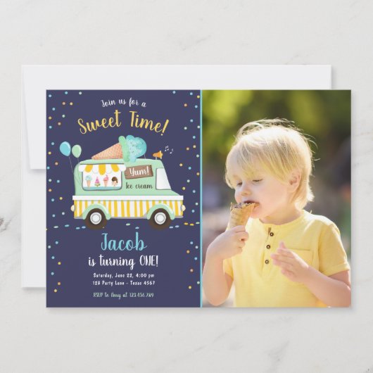 Invitation Crème glacée Camion Sweet Time Boy Mint Blue Anniv (Devant)