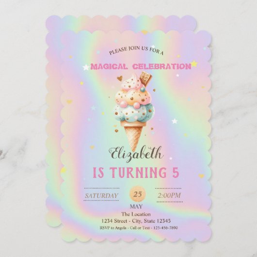 Invitation Crème glacée colorée Holographique Anniversaire (Devant / Derrière)