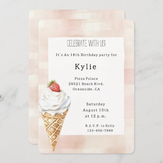 Invitation Crème glacée Cone fraise Anniversaire (Devant / Derrière)