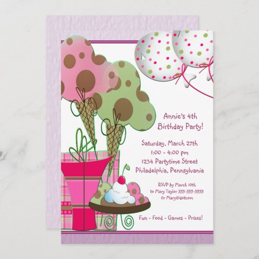 Invitation Crème glacée cônes Ballons Filles 4e anniversaire (Devant / Derrière)