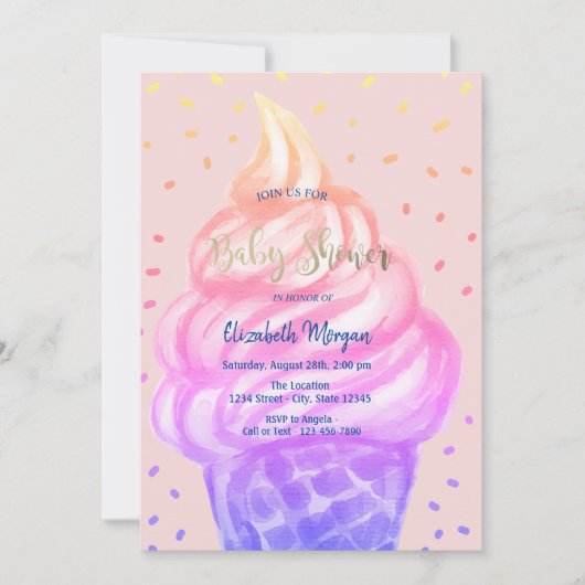 Invitation Crème glacée cool Cone Baby shower rose (Devant)