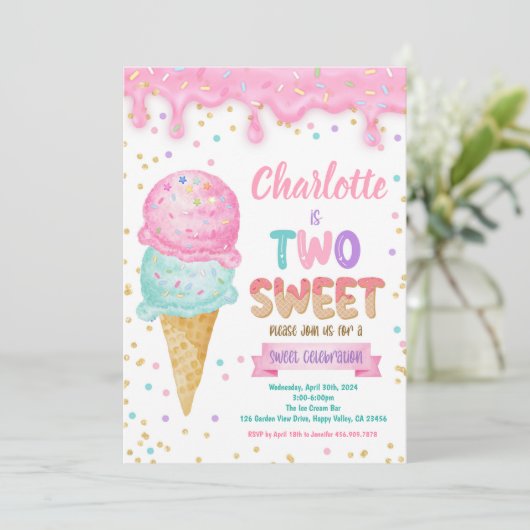 Invitation Crème glacée deux douces 2e anniversaire fête Pink (Debout devant)