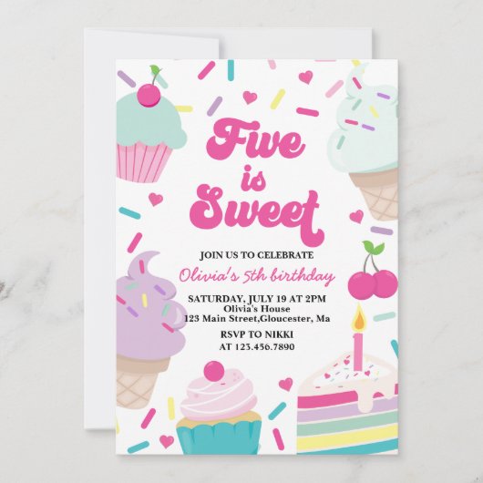 Invitation Crème glacée et gâteau Cinq est doux 5e anniversai (Devant)