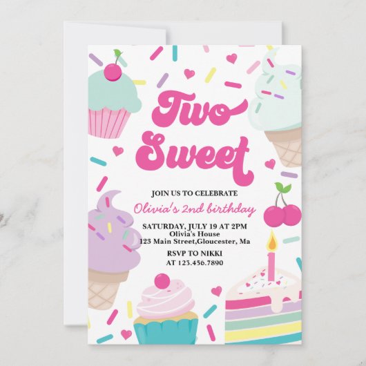 Invitation Crème glacée et gâteau Deux douces 2e anniversaire (Devant)