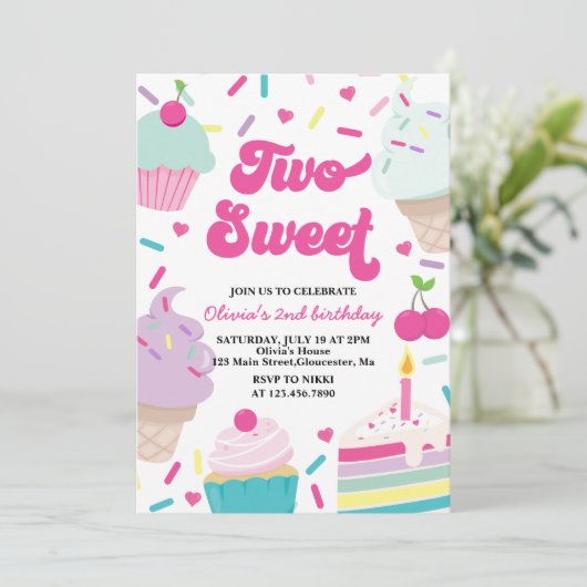 Invitation Crème glacée et gâteau Deux douces 2e anniversaire (Debout devant)
