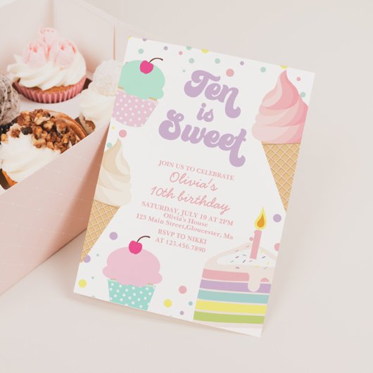 Invitation Crème glacée et gâteau Dix est doux 10e anniversai
