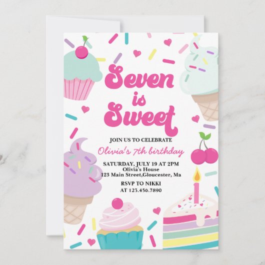 Invitation Crème glacée et gâteau Sept est doux 7e anniversai (Devant)
