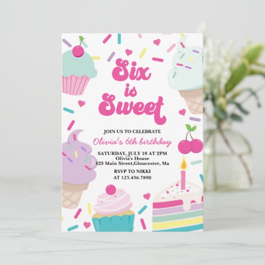 Invitation Crème glacée et gâteau Six est doux 6e anniversair (Debout devant)