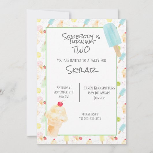Invitation Crème glacée et Popsicles pour la fête du 2e anniv (Devant)