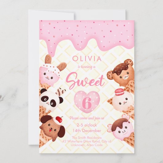 Invitation Crème glacée et sucreries Fille rose Anniversaire (Devant)