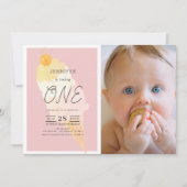 Invitation Crème glacée Fille à rayures roses 1er anniversair (Devant)