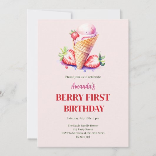 Invitation Crème glacée fraise 1er anniversaire baie première (Devant)