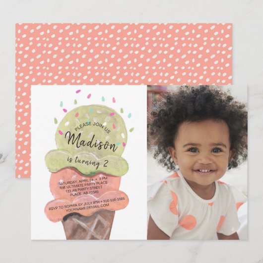 Invitation Crème Glacée Moderne à la Pêche | Fête d'anniversa (Devant / Derrière)