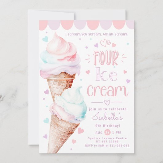 Invitation Crème glacée rose pastel 4e anniversaire (Devant)