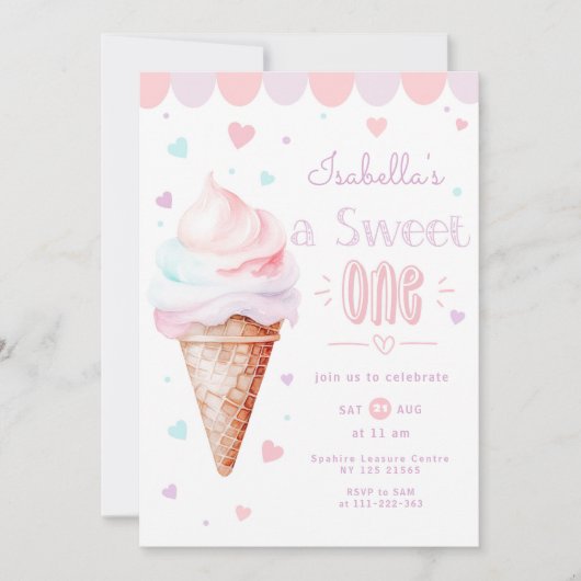 Invitation Crème glacée Sweet One 1er anniversaire fête (Devant)