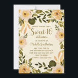 Invitation Crème Jaune Vert Florale Douce 16<br><div class="desc">Rustique,  boho style floral Sweet 16 anniversaire invitation personnalisée avec des fleurs d'aquarelle jaune et crème sur un arrière - plan bronzé.</div>