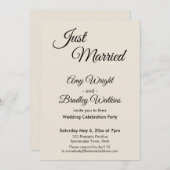 Invitation Crème "Just Married" Réception Simple, Élégante (Devant / Derrière)