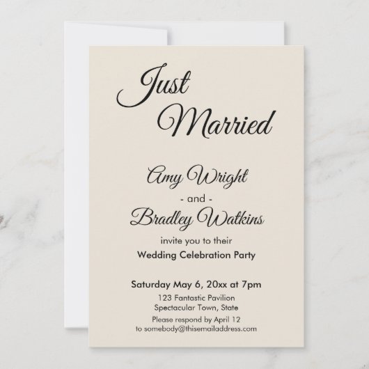 Invitation Crème "Just Married" Réception Simple et Élégante (Devant)
