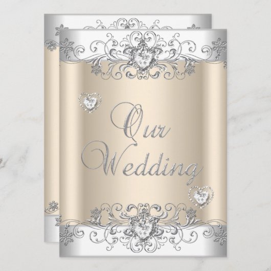 Invitation Crème Mariage Argent Coeurs Diamants Blancs (Devant / Derrière)