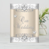 Invitation Crème Mariage Argent Coeurs Diamants Blancs (Debout devant)